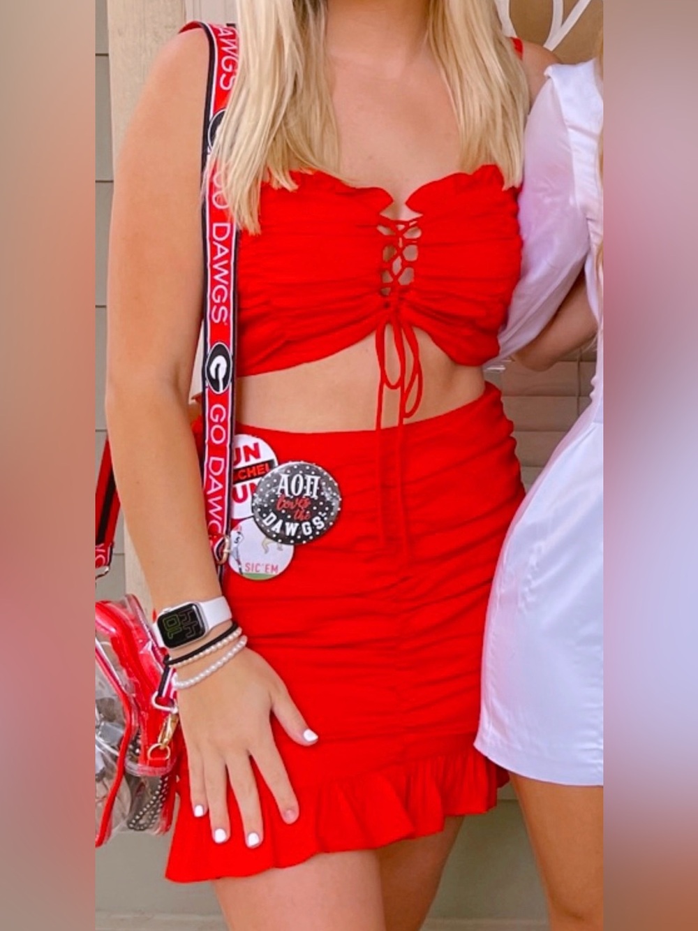 Red Ruching Lace-Up Crop Top & Skirt Set